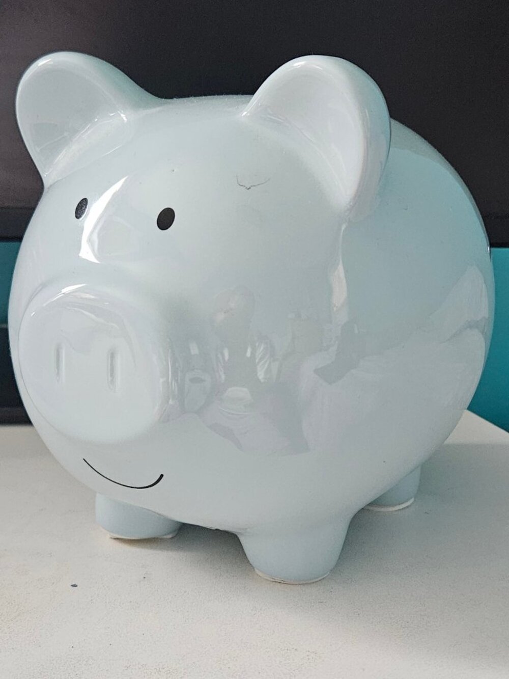 Light Blue Smiley Piggy Bank – Good Condition